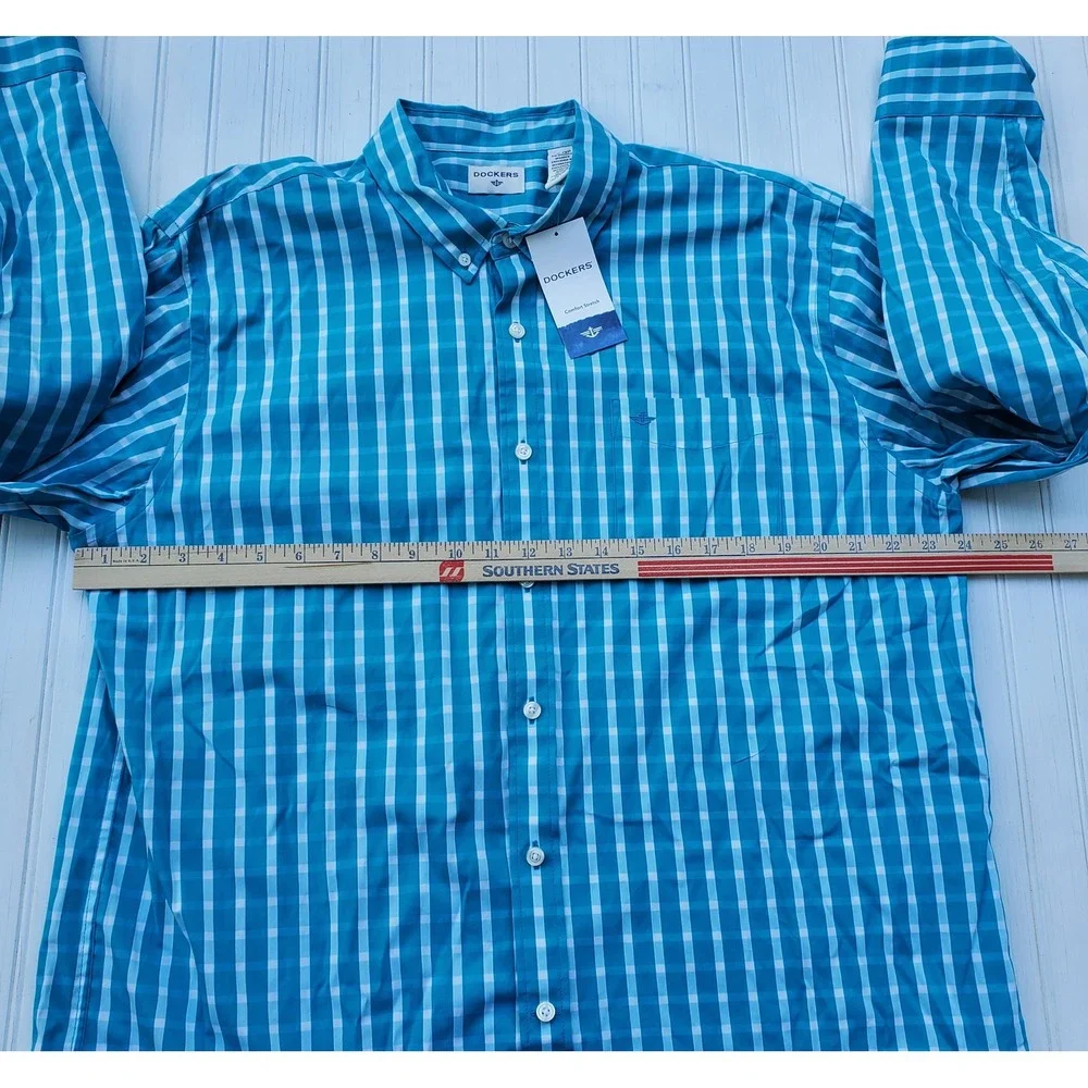 Dockers Mens Blue Teal Comfort Stretch Button Down Shirt‎ XL Long Sleeve New